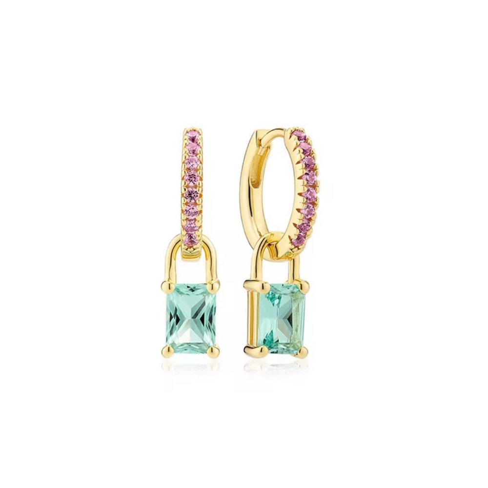 18 k Gold Plated Sterling Silver Charm Hoops Earrings with Pink and Light Blue